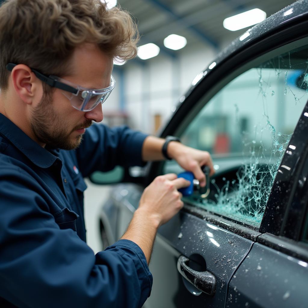 Professional auto glass technician repairing a car window