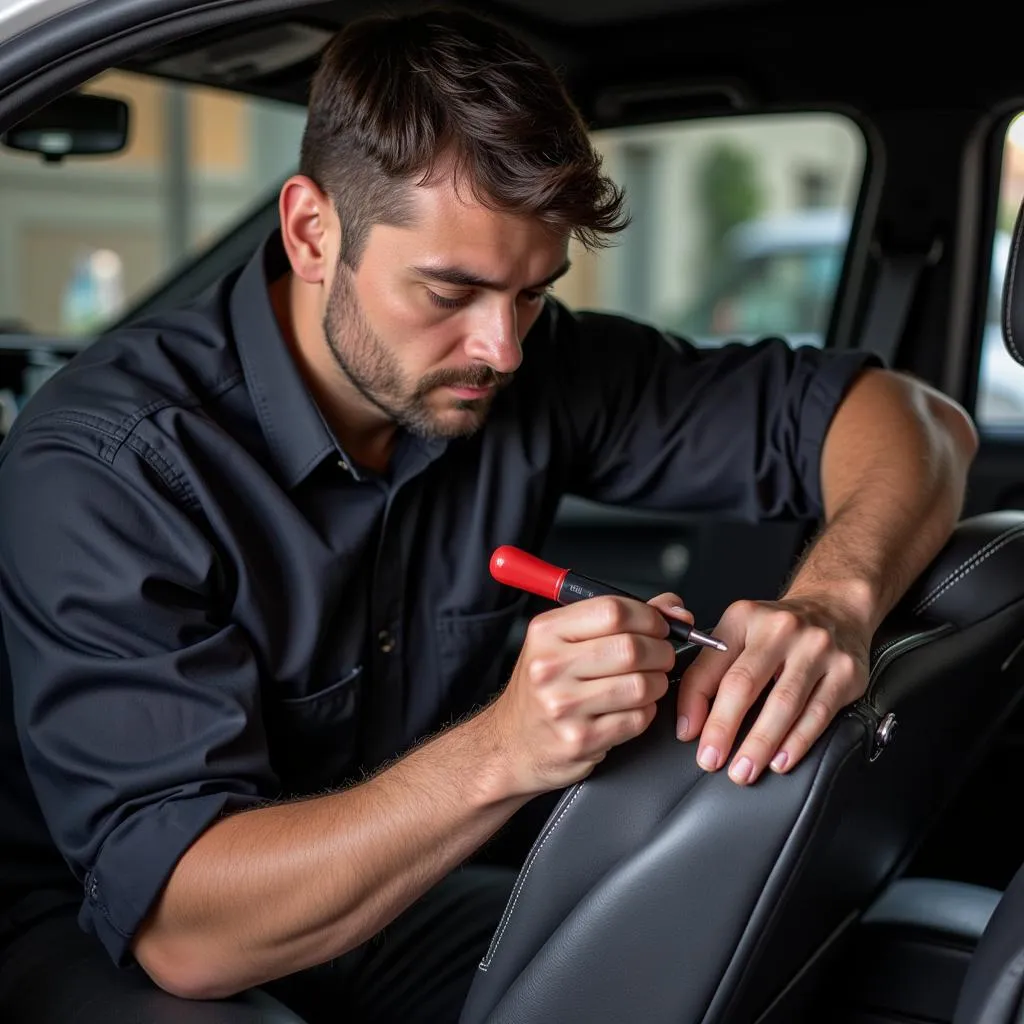 Professional auto upholsterer repairing a leather car seat