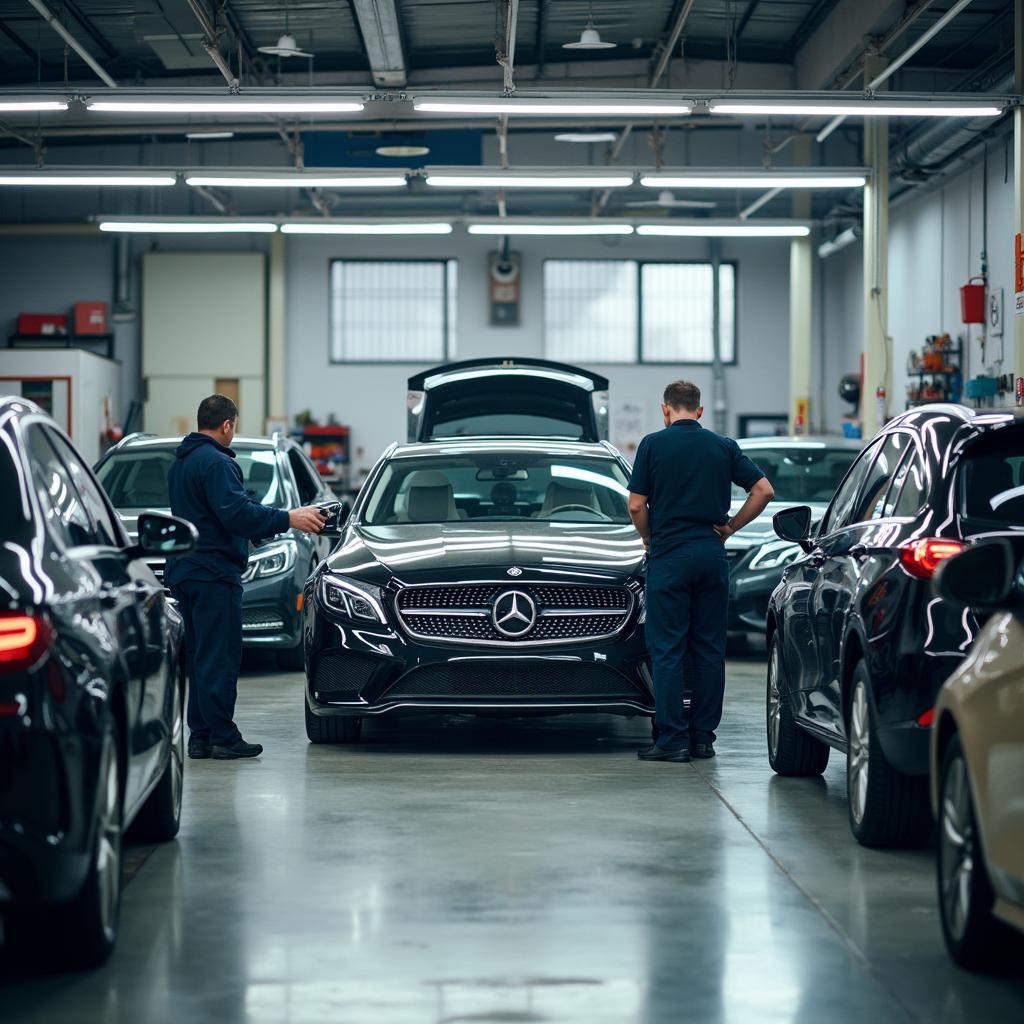 A bustling professional car body repair shop