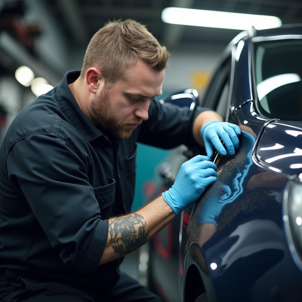 Professional car body repair technician working on a car in Chingford