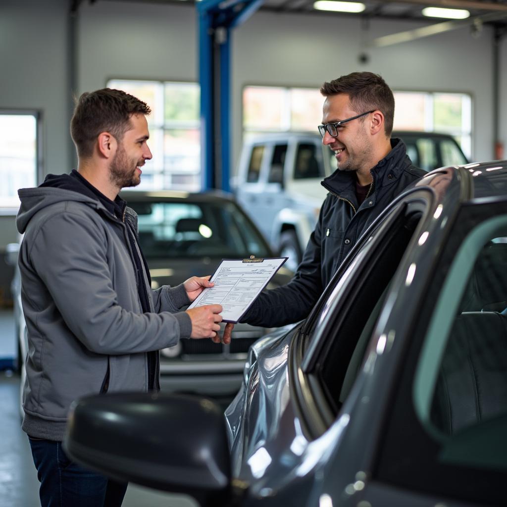 A car being assessed for repairs at a professional bodywork shop in Barrow-in-Furness.