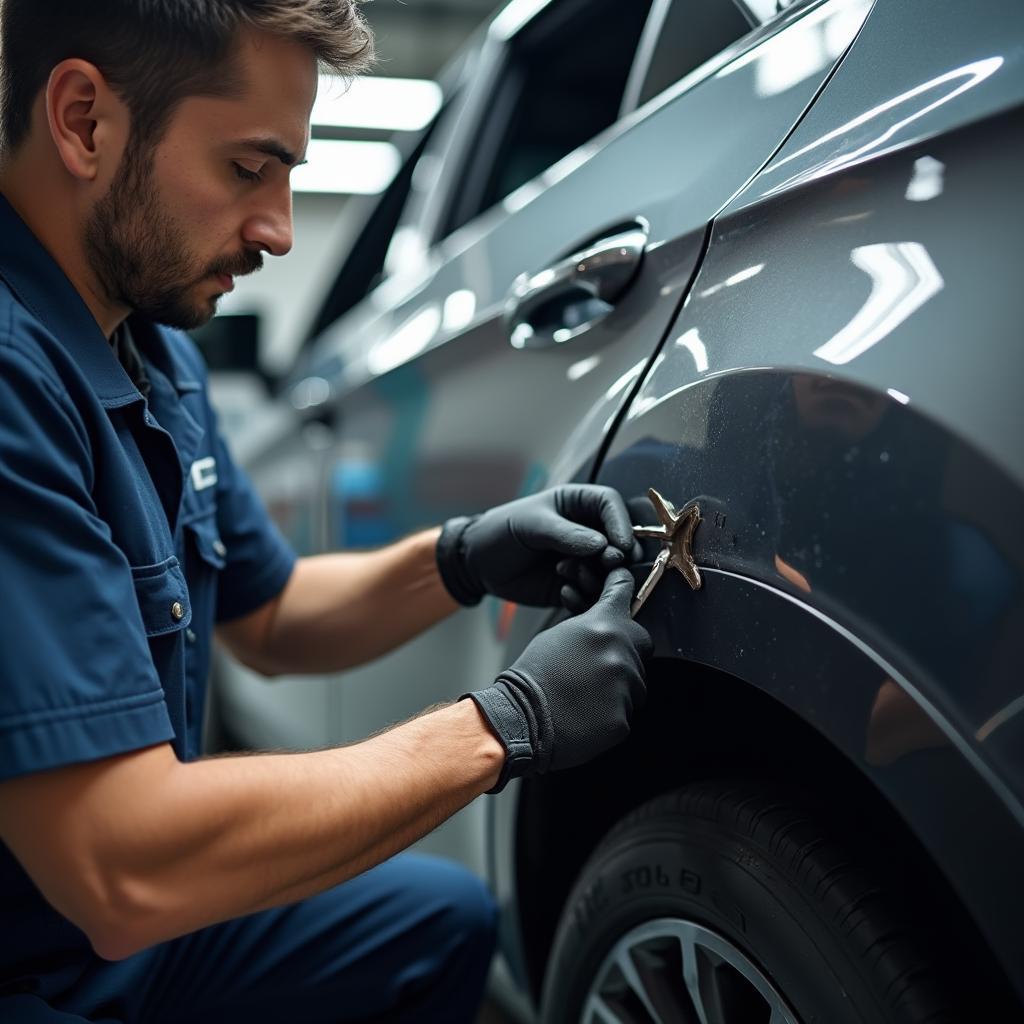 Professional Car Bodywork Technician Performing Repairs