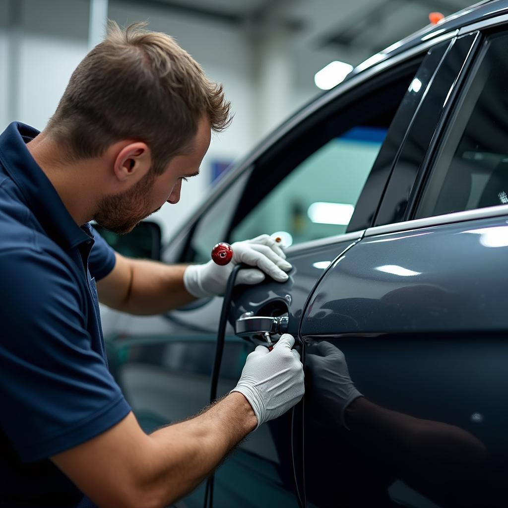 Auto Body Technician Repairing Car Door Dent