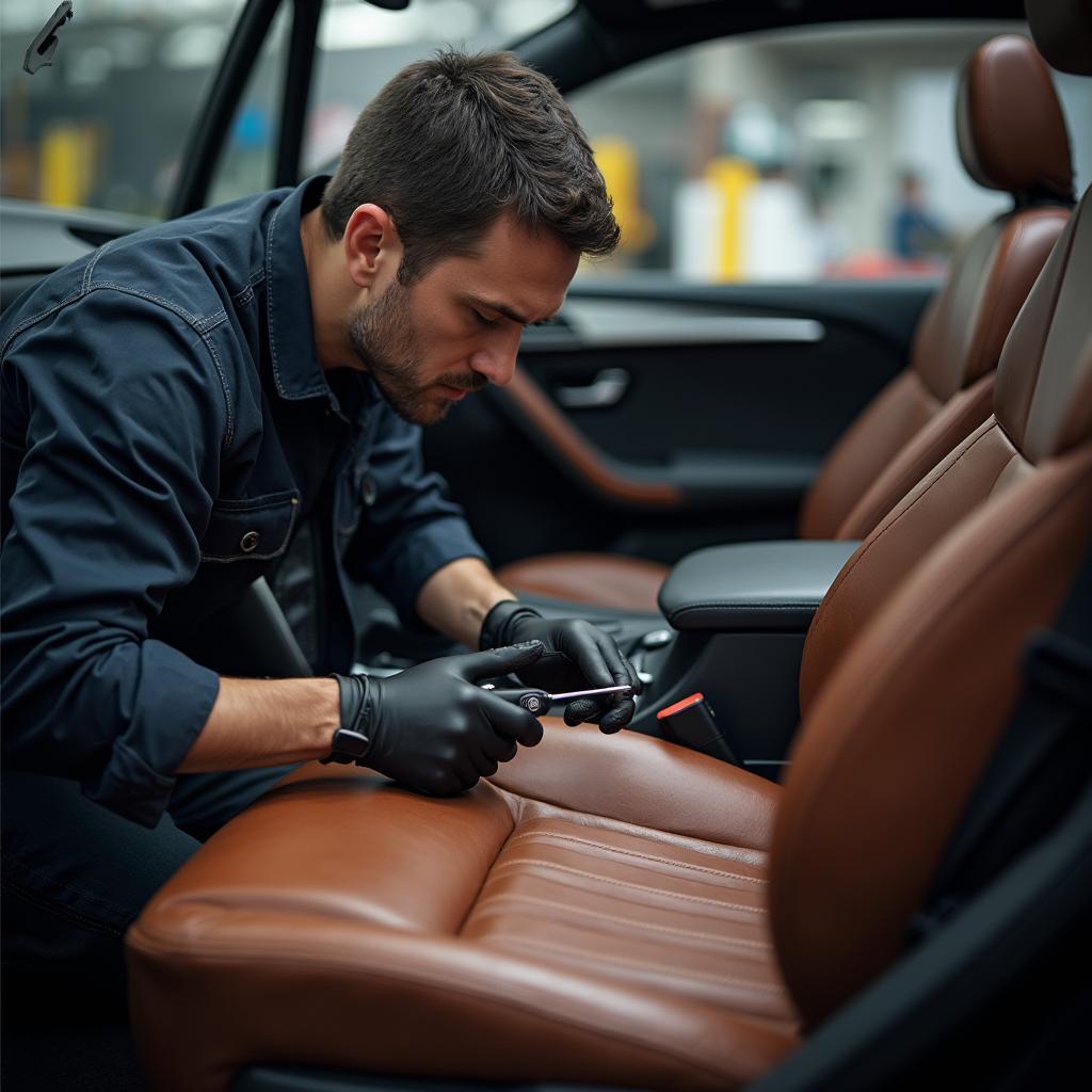 Skilled Technician Performing Car Leather Seat Repair