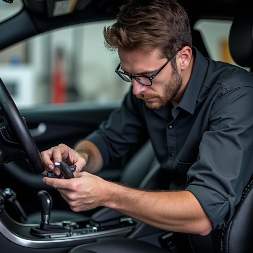 Skilled technician performing car leather seat repair in Bolton