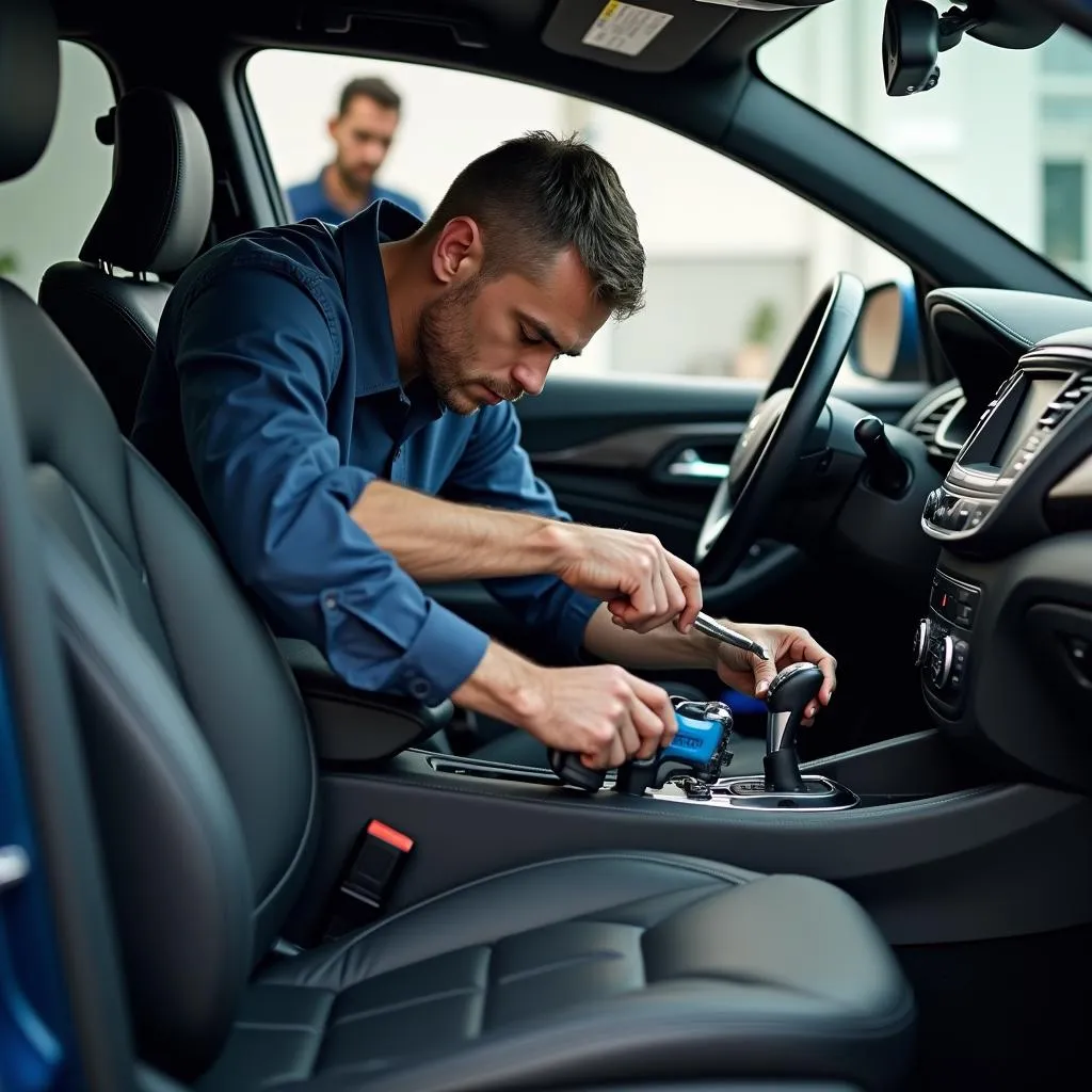 Professional Car Mechanic Inspecting Seat