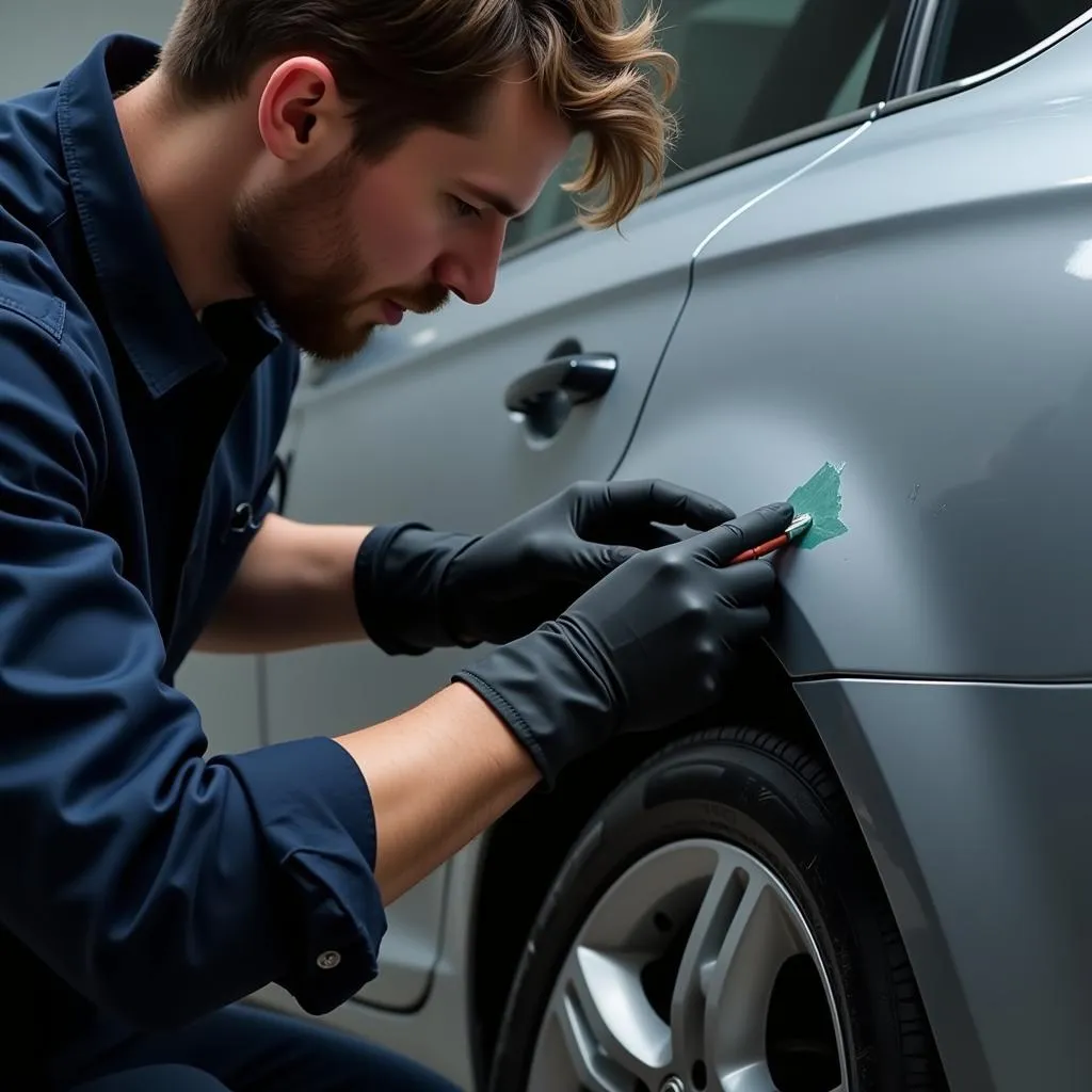 Technician performing car paint chip repair