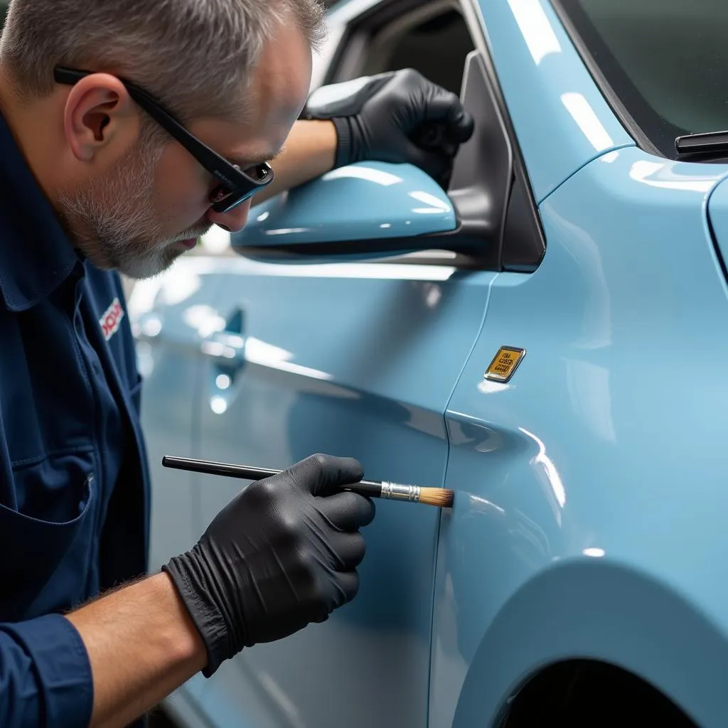 Professional applying touch-up paint to car