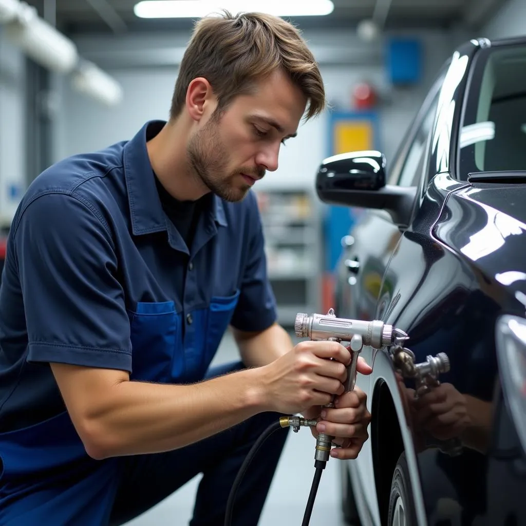 Mechanic using a spray gun to repair car paint