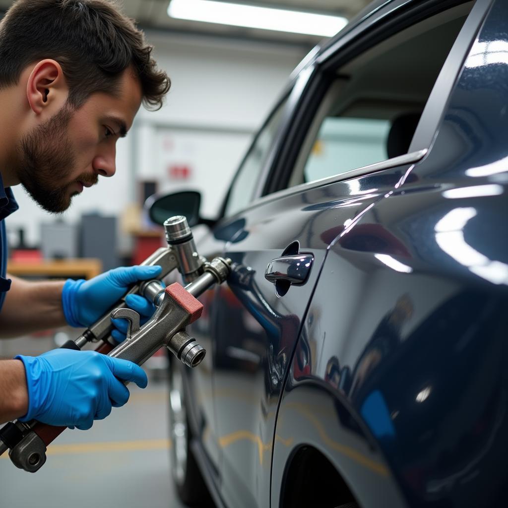 Professional Car Paint Repair Process in a Workshop