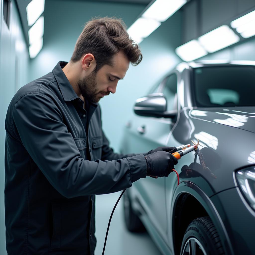 Professional Car Paint Repair in Progress in a Singapore Workshop