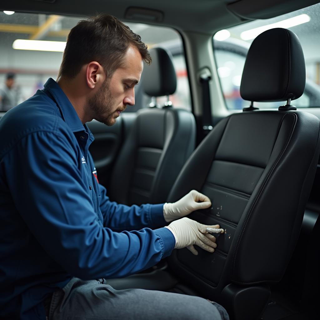 Professional car seat repair in progress