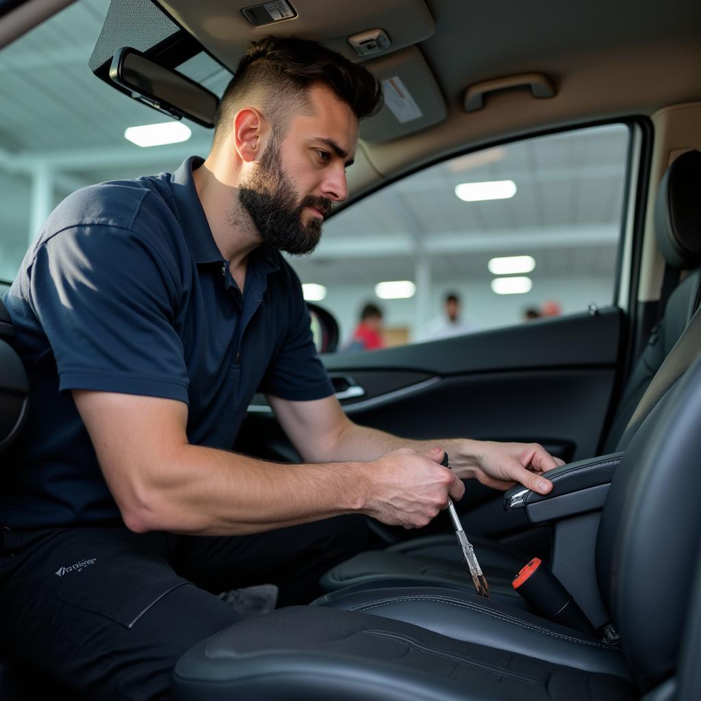 A professional upholsterer working on a car seat.