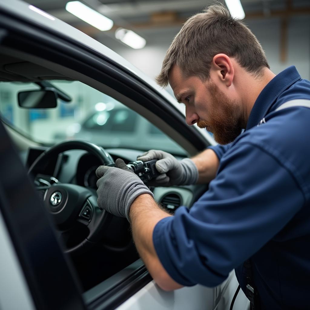 A professional working on a car window repair