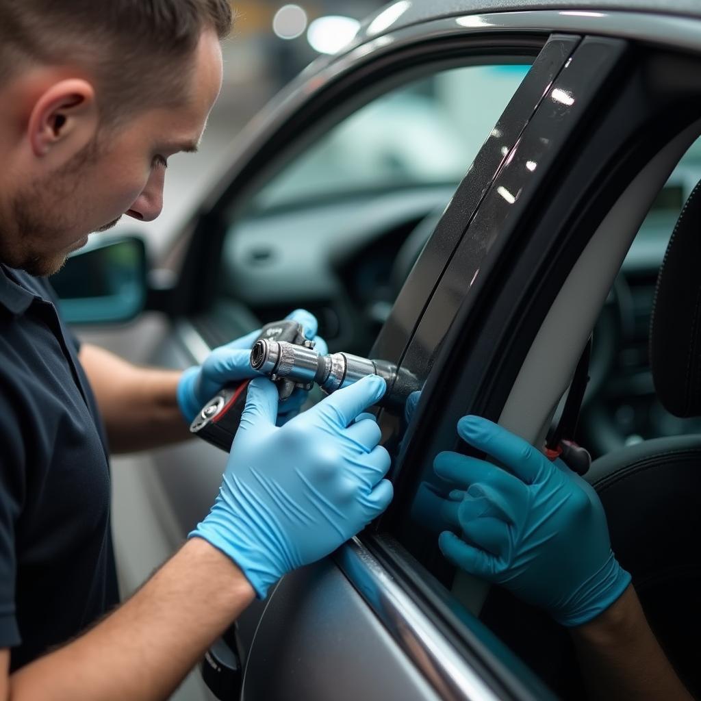 Professional car window repair in progress