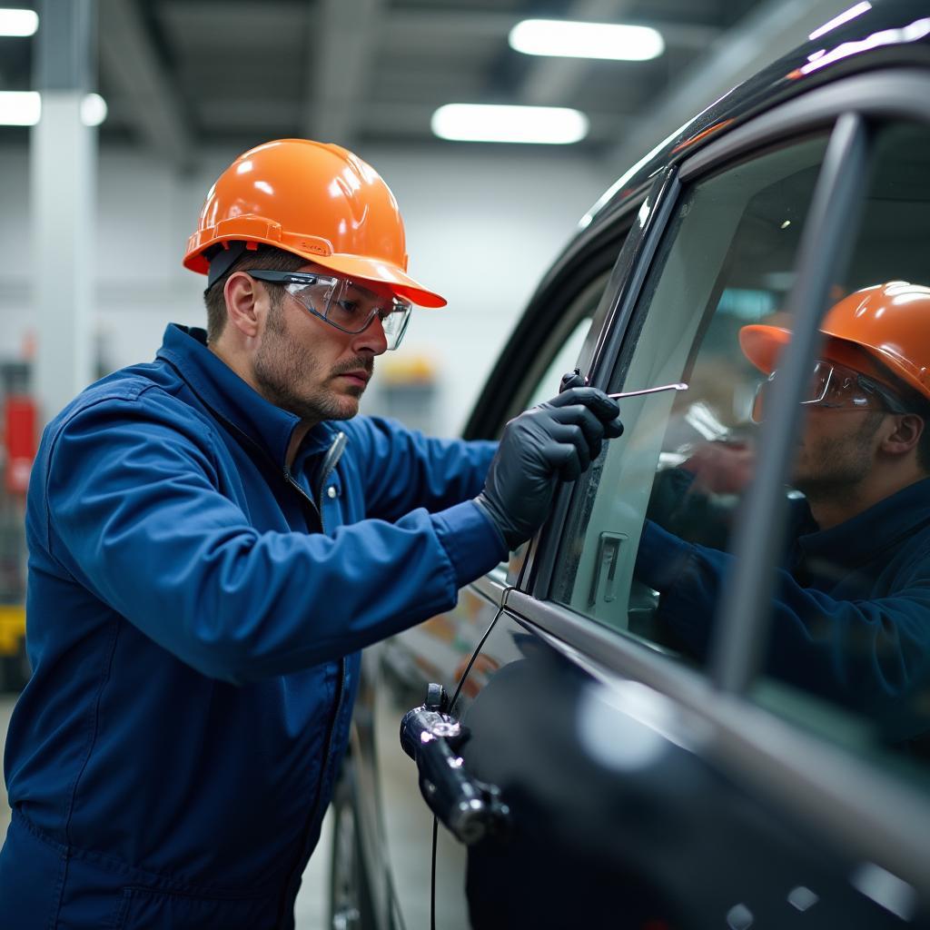 Professional Car Window Repair Technician at Work