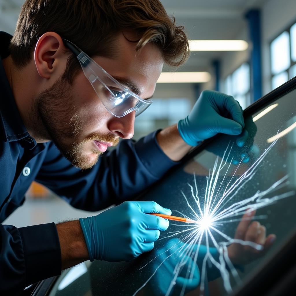 Auto Glass Technician Repairing a Windshield