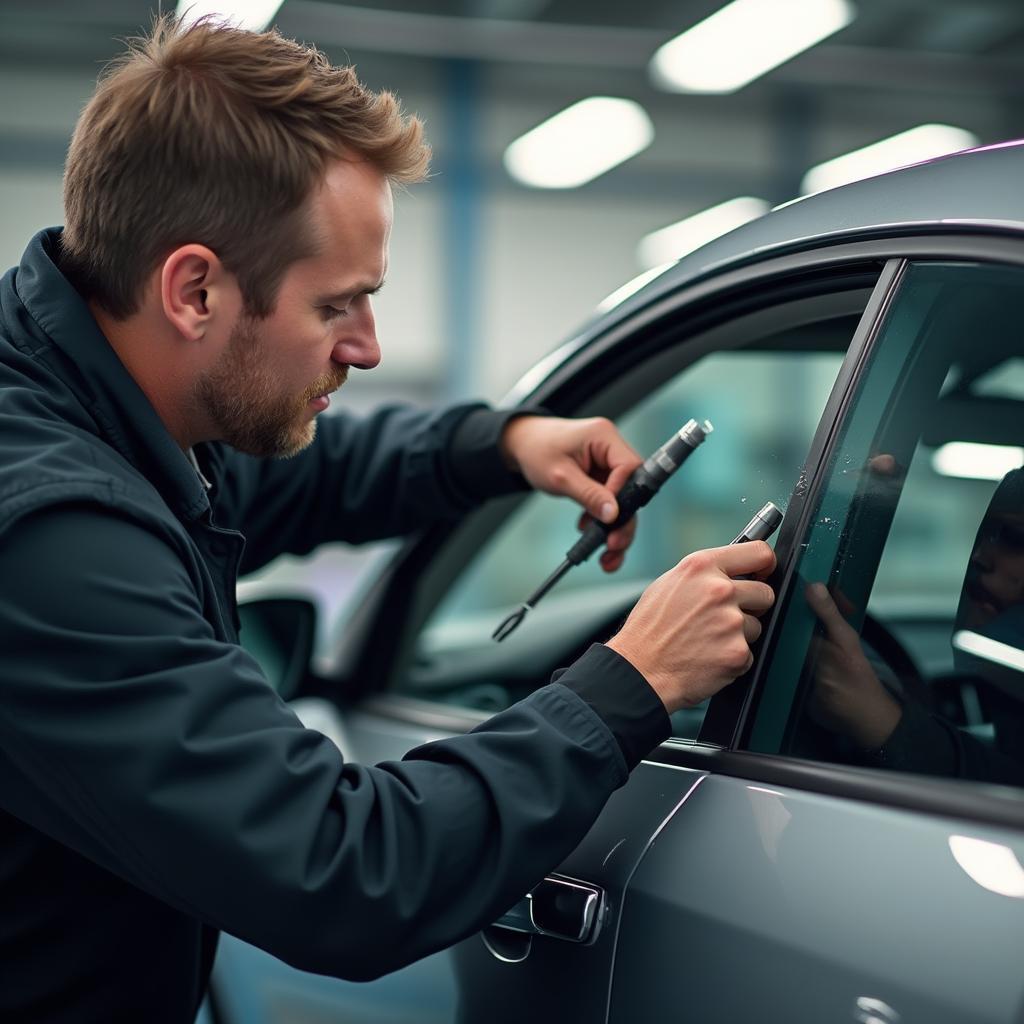 A technician expertly repairing a car window in Austell, GA