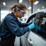 Professional technician repairing a car window in Forney