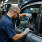 A trained technician skillfully repairing a car window in a Las Vegas auto shop