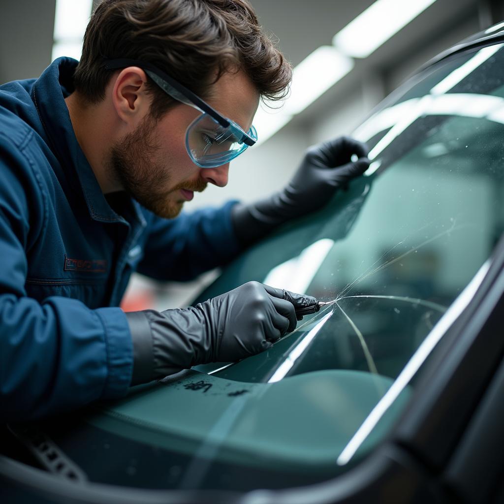 Professional car window repair technician at work