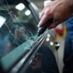 A technician professionally repairing a car window, highlighting the importance of expertise