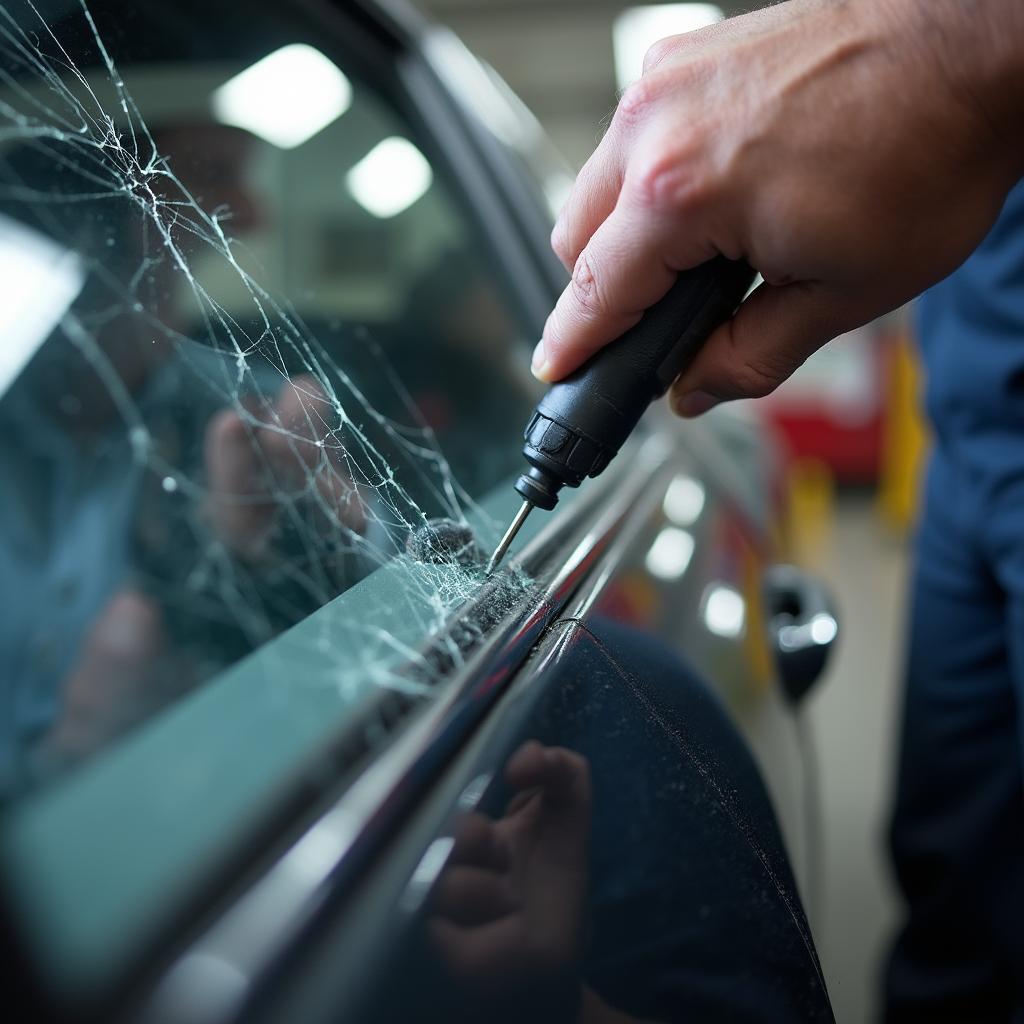 A technician professionally repairing a car window, highlighting the importance of expertise