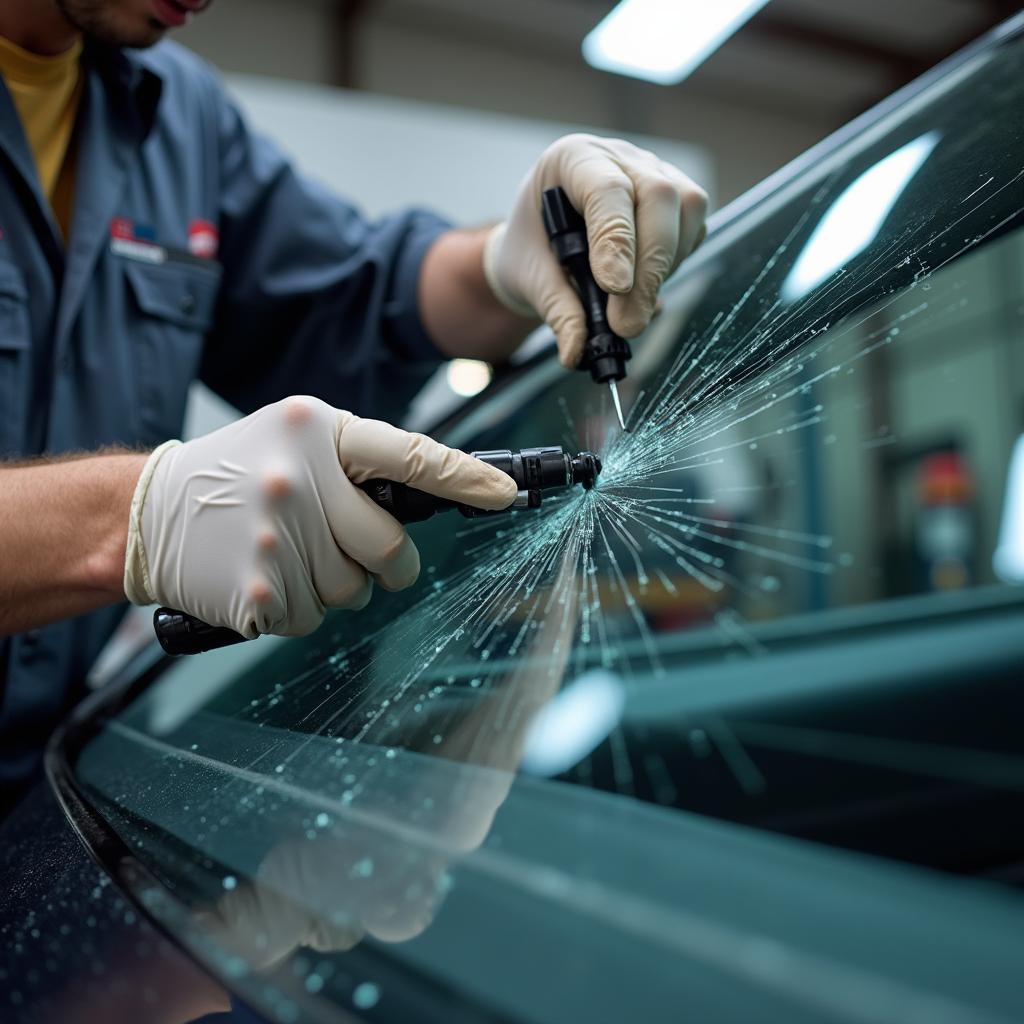 Professional Car Window Repair Technician at Work 