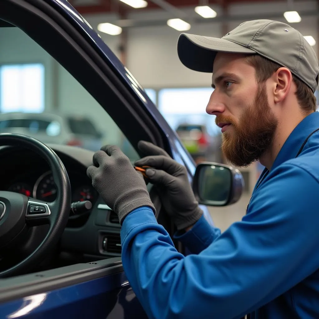 A professional car window repair technician working on a vehicle in Ocala.