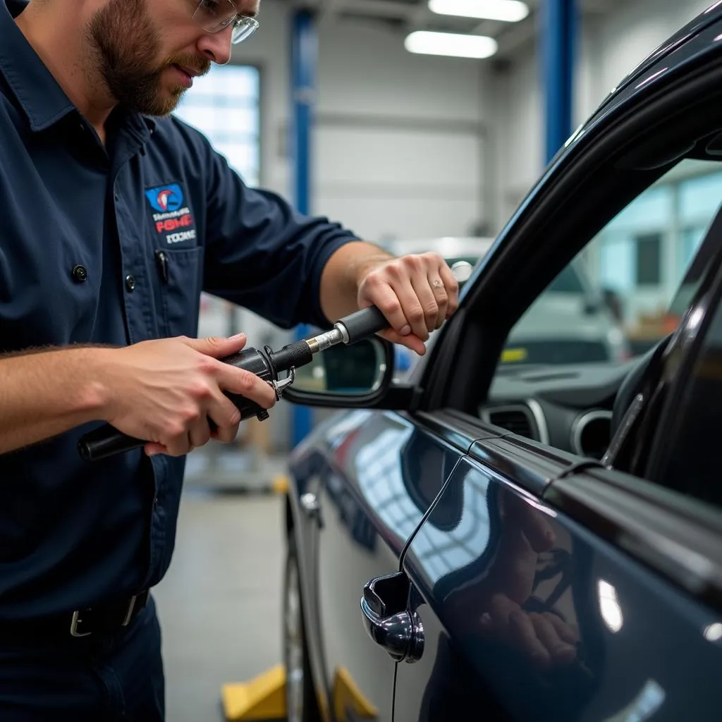 Skilled technician applying sealant to a car window