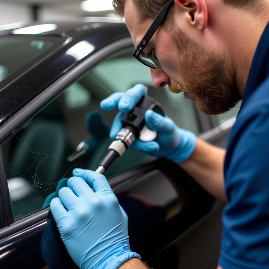 Technician repairing car window tint