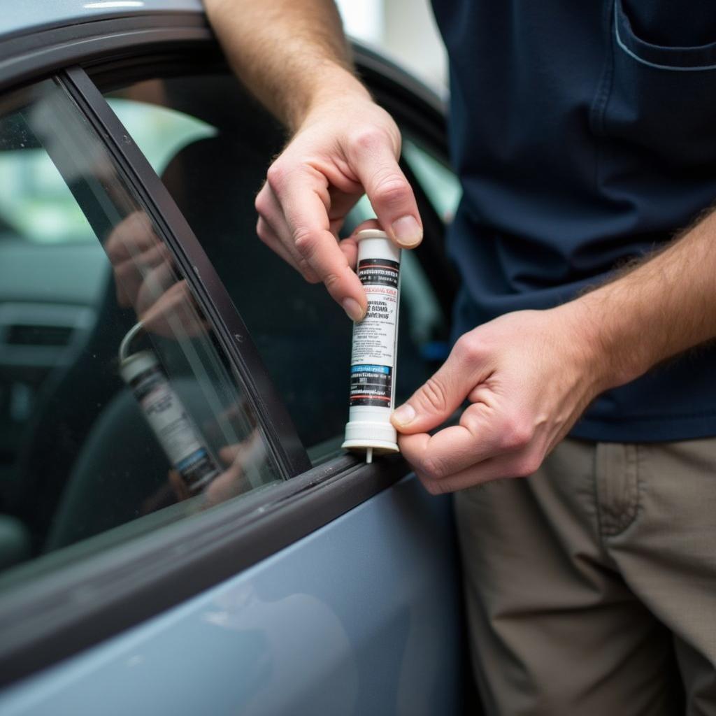 A mechanic professionally repairing a car window trim seal