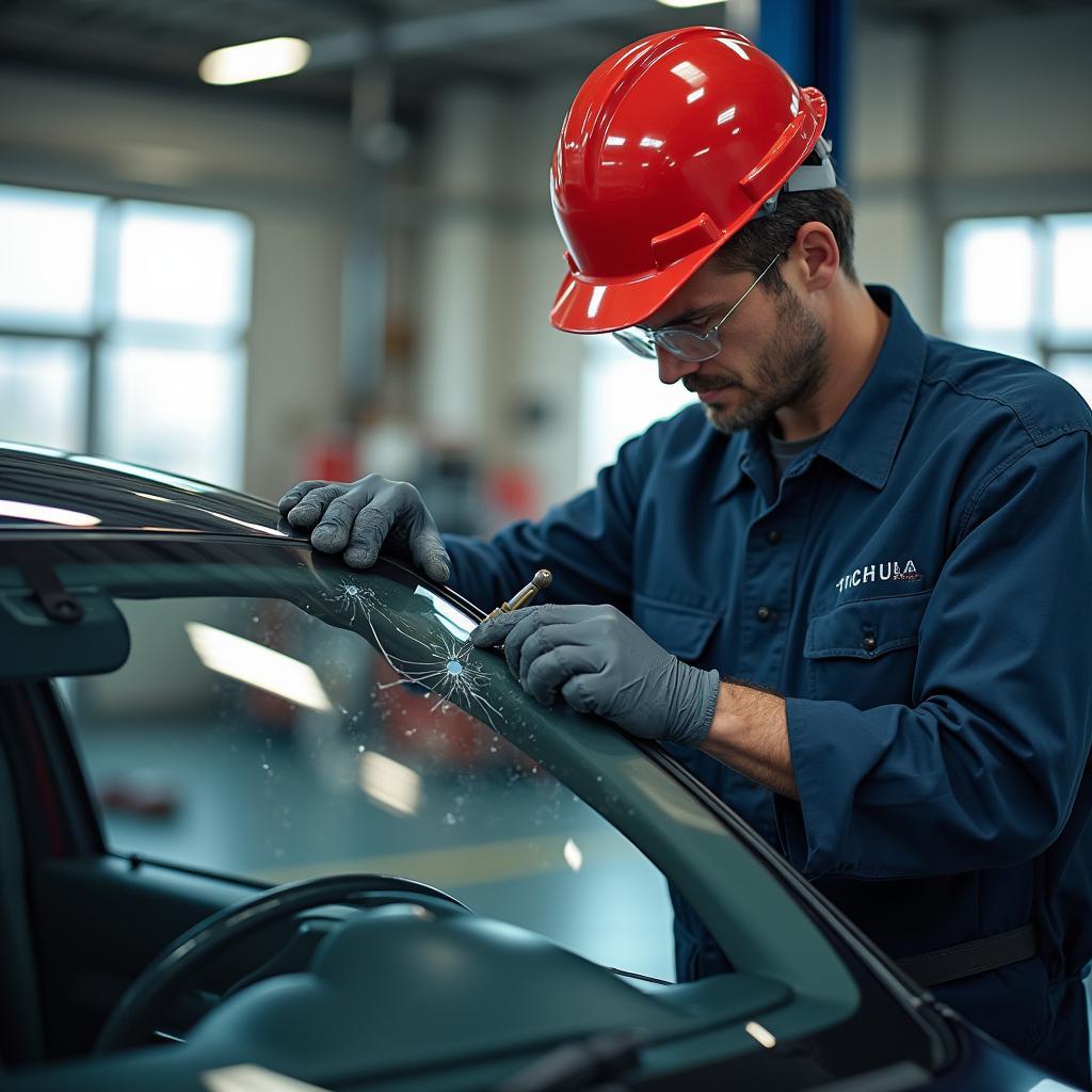 A mechanic carefully repairing a fiberglass window in a well-equipped workshop