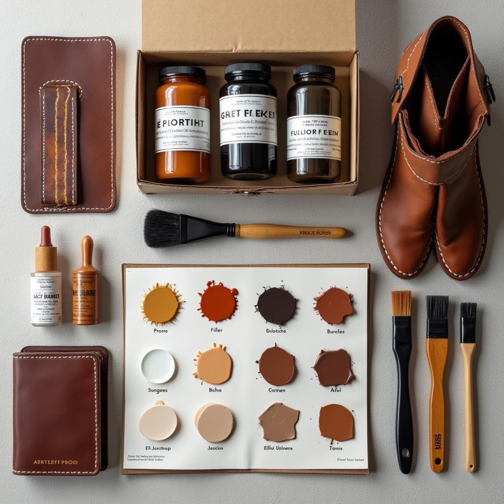 Tools and materials in a professional leather repair kit