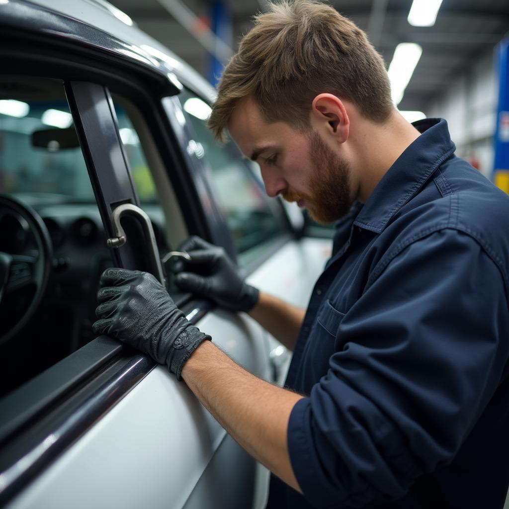 Professional Mechanic Repairing Weather Stripping