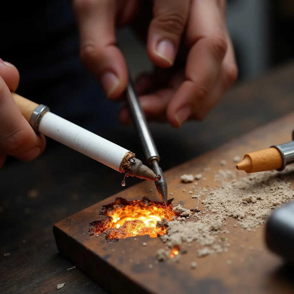 Professional repairing a cigarette burn in a car seat