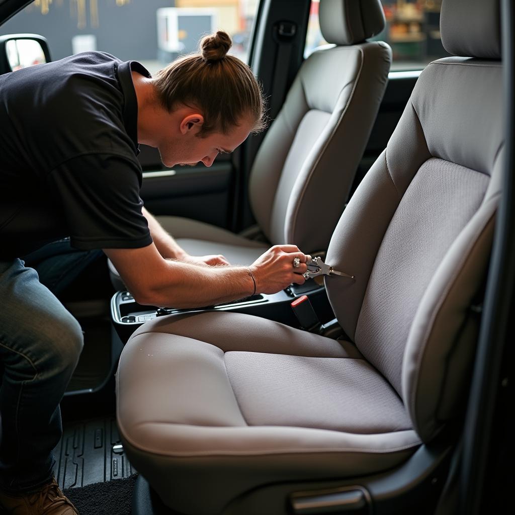 Professional Upholsterer Repairing a Car Seat