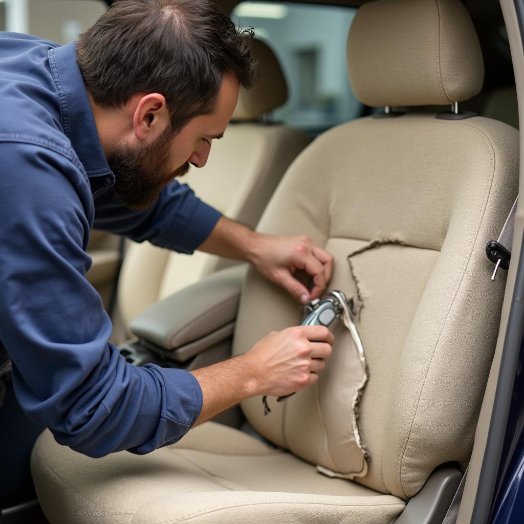 Professional upholsterer repairing a large tear in a car seat