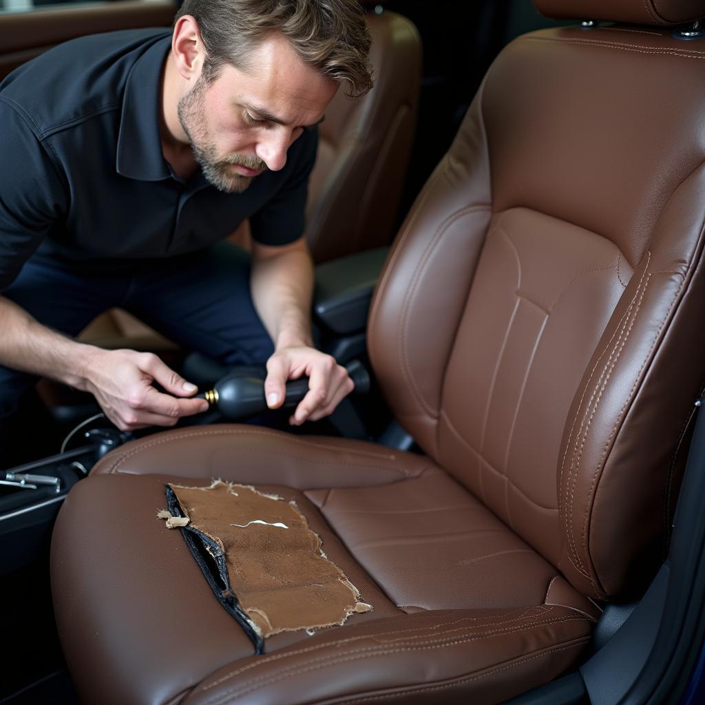 Professional repairing a torn car seat