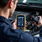 Mechanic using a professional scan tool to diagnose a car engine