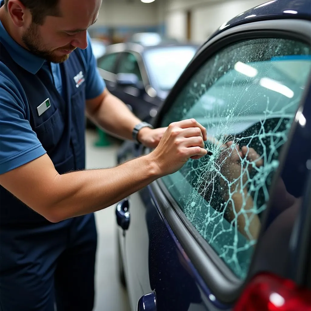 Image of a professional technician repairing a smashed car window using specialized tools