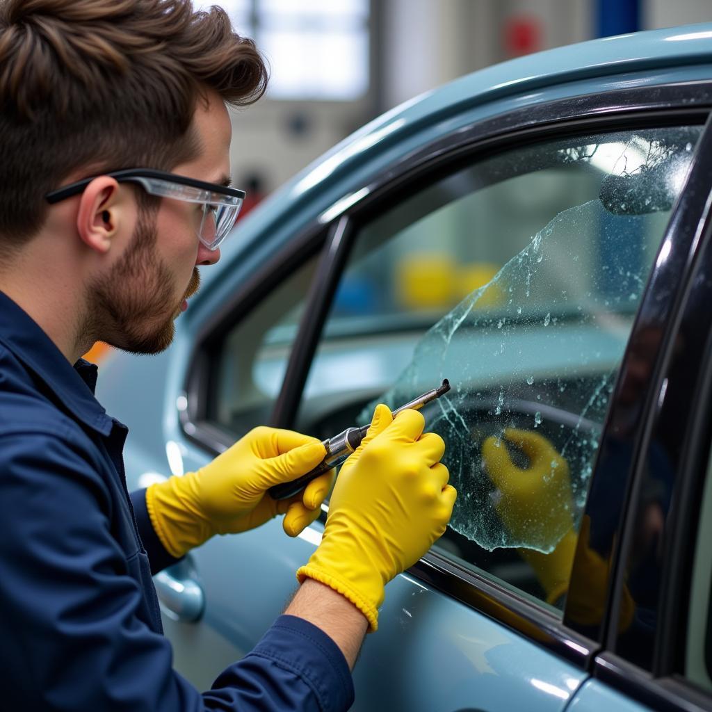 Professional applying a temporary patch to a broken car window