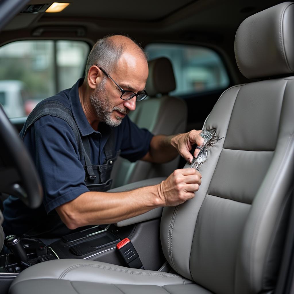 Professional Upholsterer Repairing Car Seat