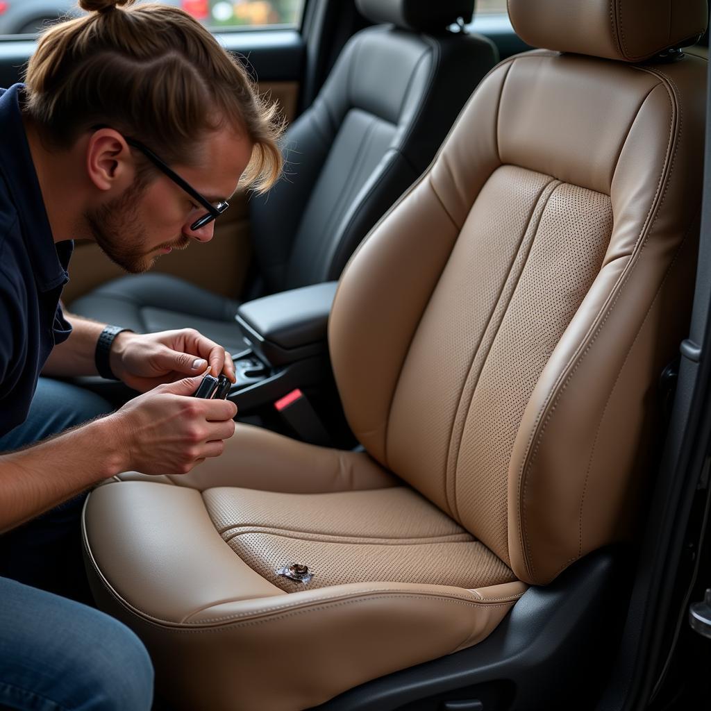 Professional Upholsterer Repairing Car Seat