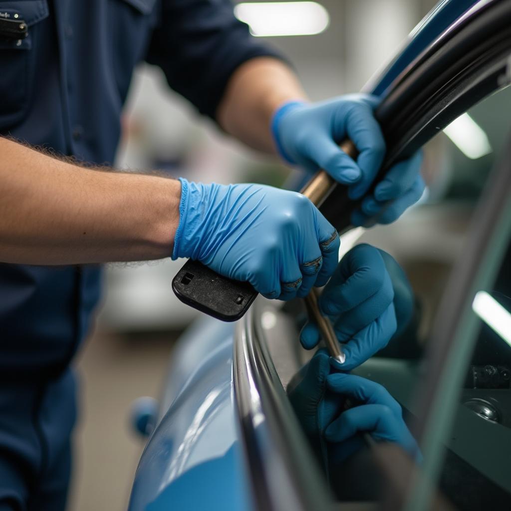 Professional Applying Window Putty on a Vehicle 