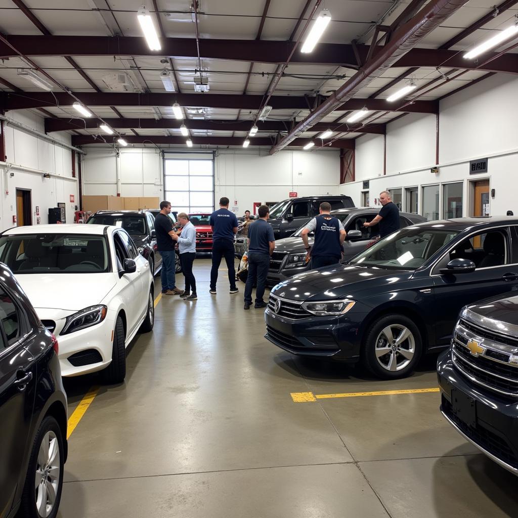 Interior of a busy auto glass repair shop in Racine, WI