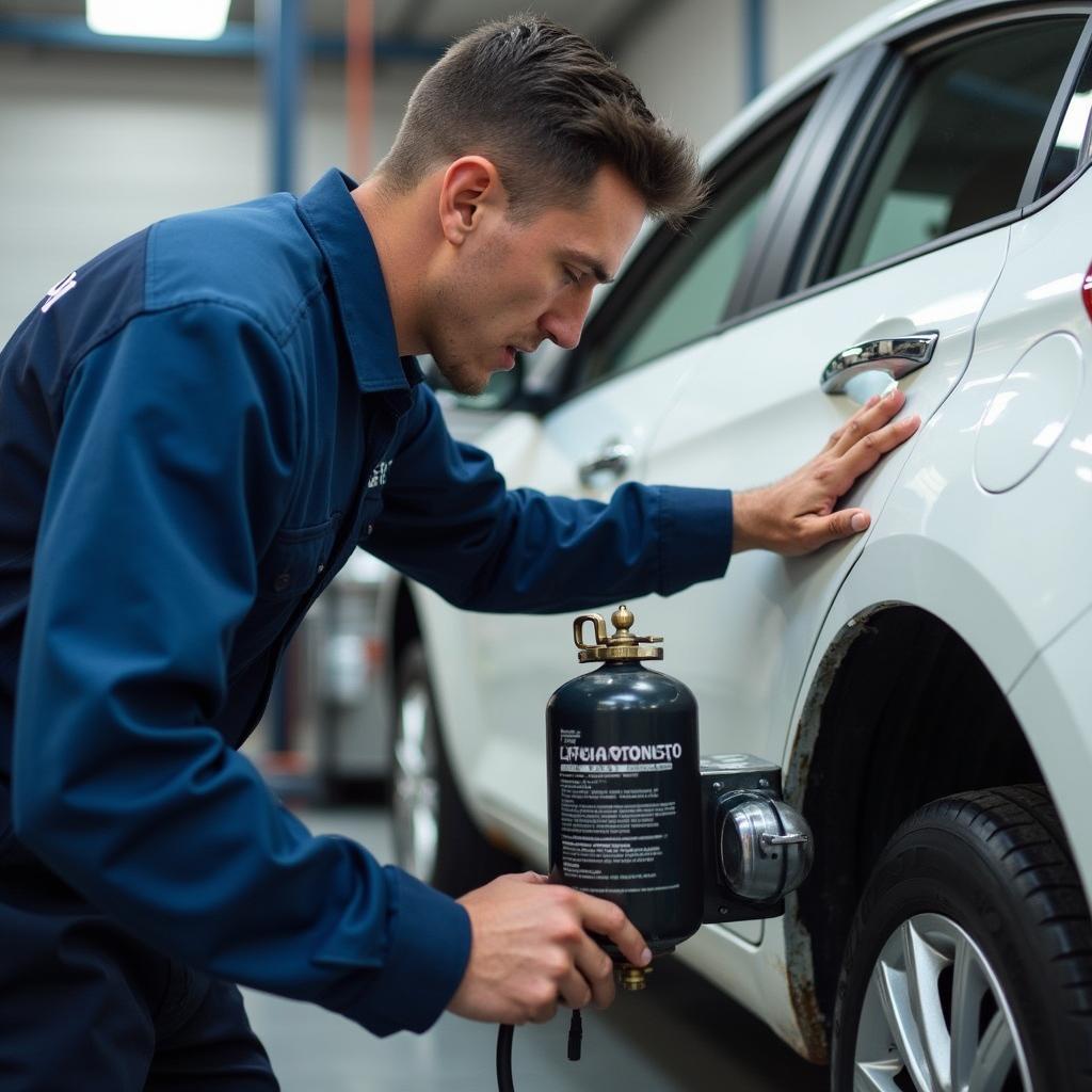 Car undergoing a routine car air conditioning service