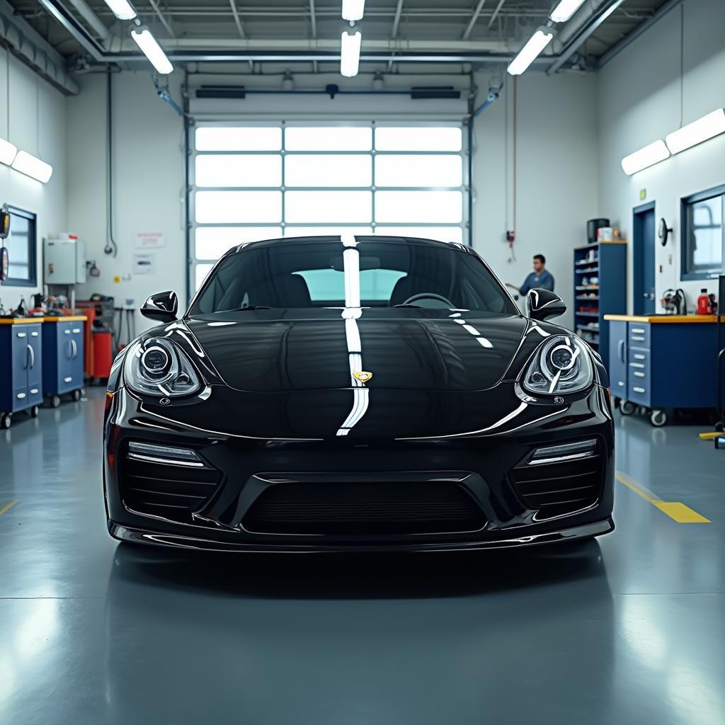 A newly repaired car gleams under the lights of a Roosebeck body shop