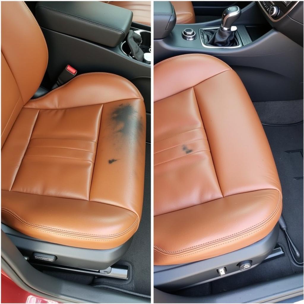 Repaired cigarette burn on a leather car seat