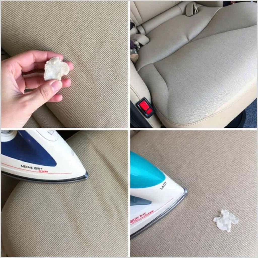 Repairing a burn hole in a cloth car seat using a patch and thread.